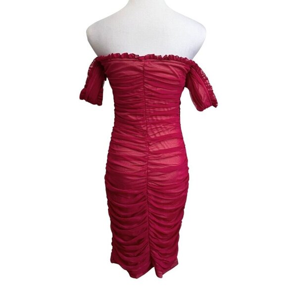 NWT LULUS ALTO RASPBERRY PINK RUCHED MESH FRILLY MINI BODYCON COCKTAIL DRESS - Picture 3 of 9
